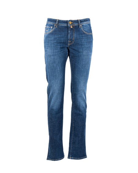 Shop JACOB COHEN  Jeans: Jacob Cohen "Nick" jeans.
Five-pocket model with logo embroidered on the pocket.
Loops at the waist.
Button closure.
Button with embossed logo and copper finish.
Internal flap embroidered with the name of the trousers and the founder's quote.
Pony skin bow with logo embroidered in eco-leather in a contrasting colour.
Includes majolica print bandana and spool of thread
Perfumed with the exclusive Jacob Cohën fragrance.
Composition: 98% cotton, 2% elastane.
Made in Italy.. S3736 NICK-932D